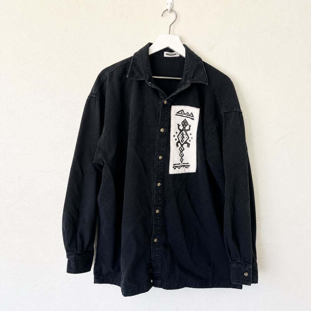 4Fun Originals Black Cotton Southwest Patch Overshirt L Vintage 90s Style